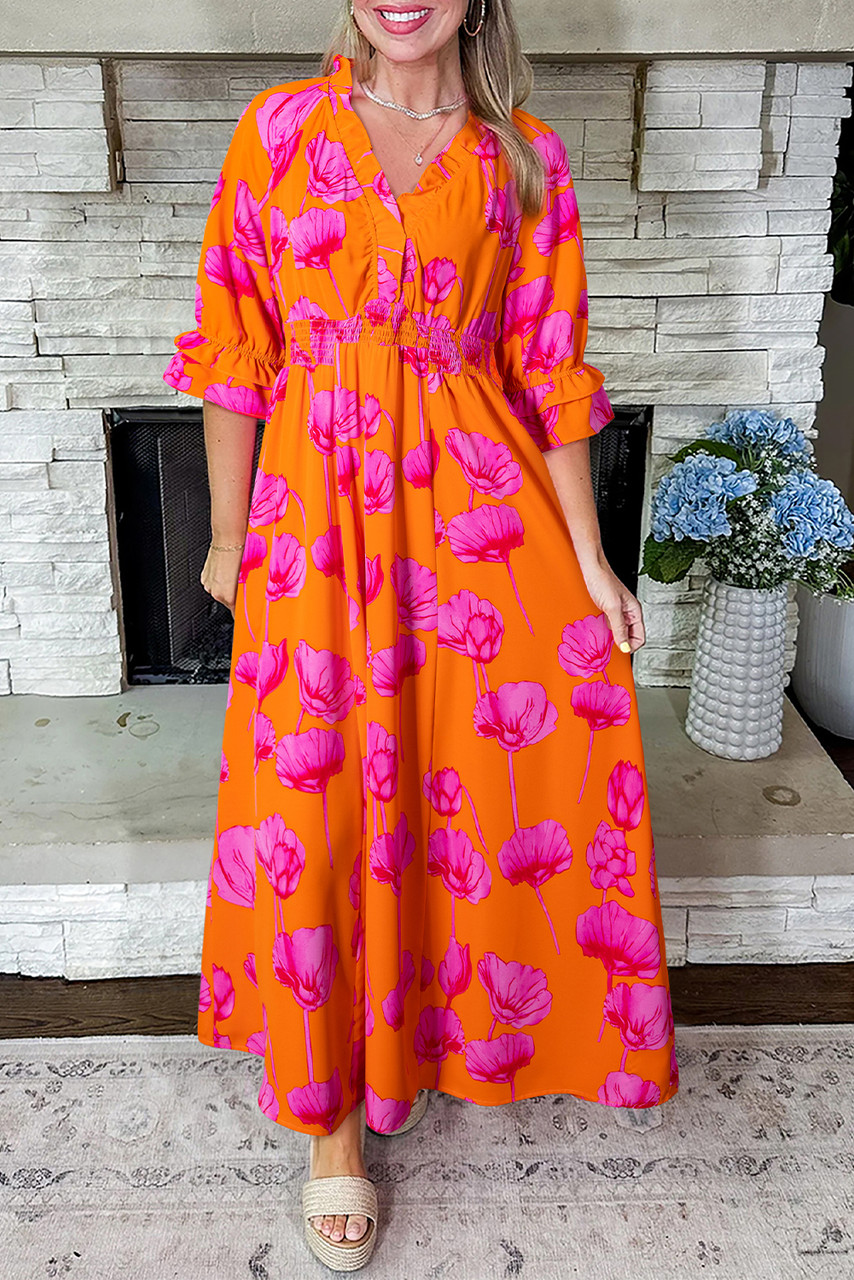 Orange Floral Print Frilly Smocked V Neck 3/4 Sleeve Long Dress Orange Floral Print Frilly Smocked V Neck 3/4 Sleeve Long Dress