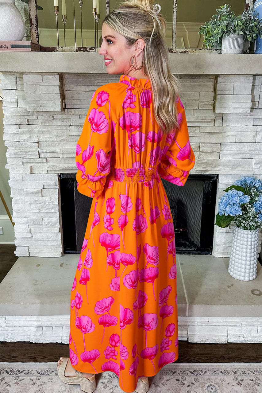 Orange Floral Print Frilly Smocked V Neck 3/4 Sleeve Long Dress Orange Floral Print Frilly Smocked V Neck 3/4 Sleeve Long Dress