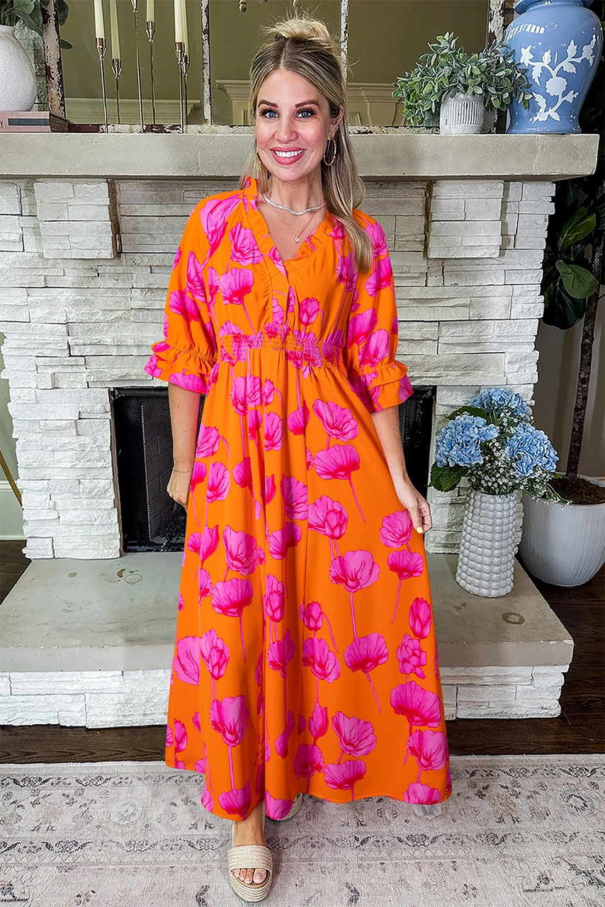 Orange Floral Print Frilly Smocked V Neck 3/4 Sleeve Long Dress Orange Floral Print Frilly Smocked V Neck 3/4 Sleeve Long Dress