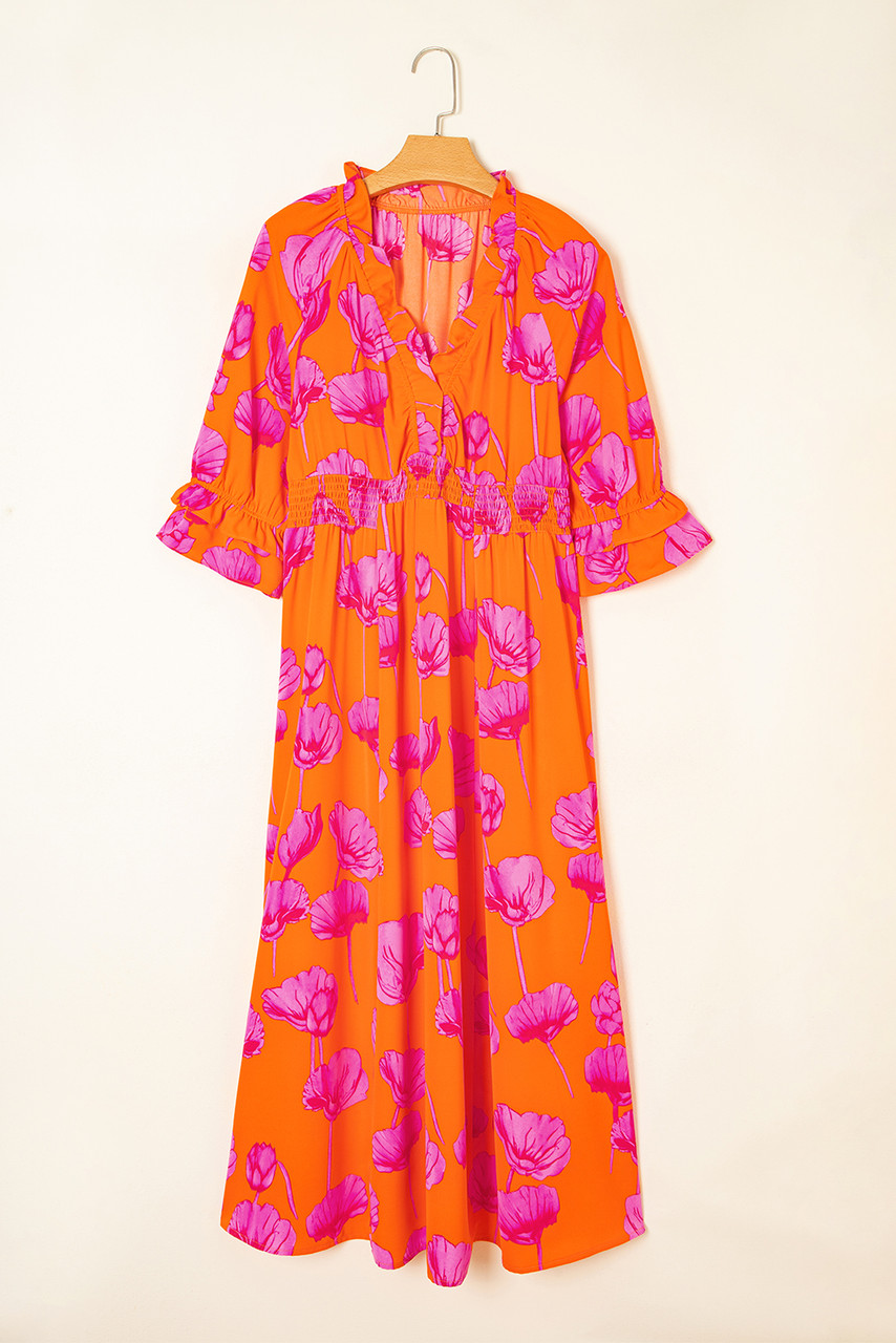 Orange Floral Print Frilly Smocked V Neck 3/4 Sleeve Long Dress Orange Floral Print Frilly Smocked V Neck 3/4 Sleeve Long Dress