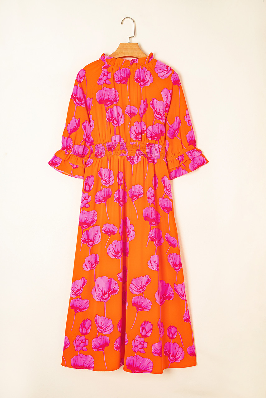 Orange Floral Print Frilly Smocked V Neck 3/4 Sleeve Long Dress Orange Floral Print Frilly Smocked V Neck 3/4 Sleeve Long Dress