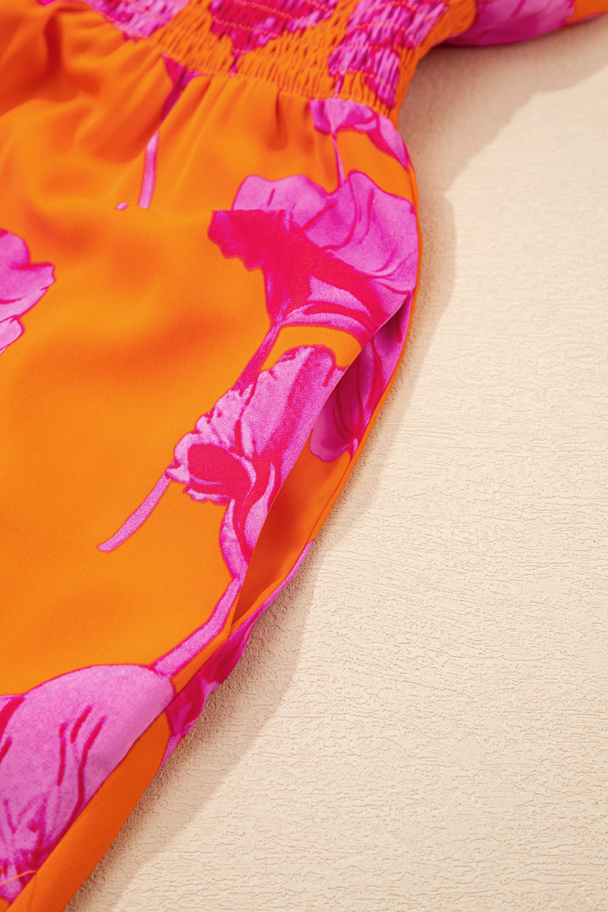 Orange Floral Print Frilly Smocked V Neck 3/4 Sleeve Long Dress Orange Floral Print Frilly Smocked V Neck 3/4 Sleeve Long Dress