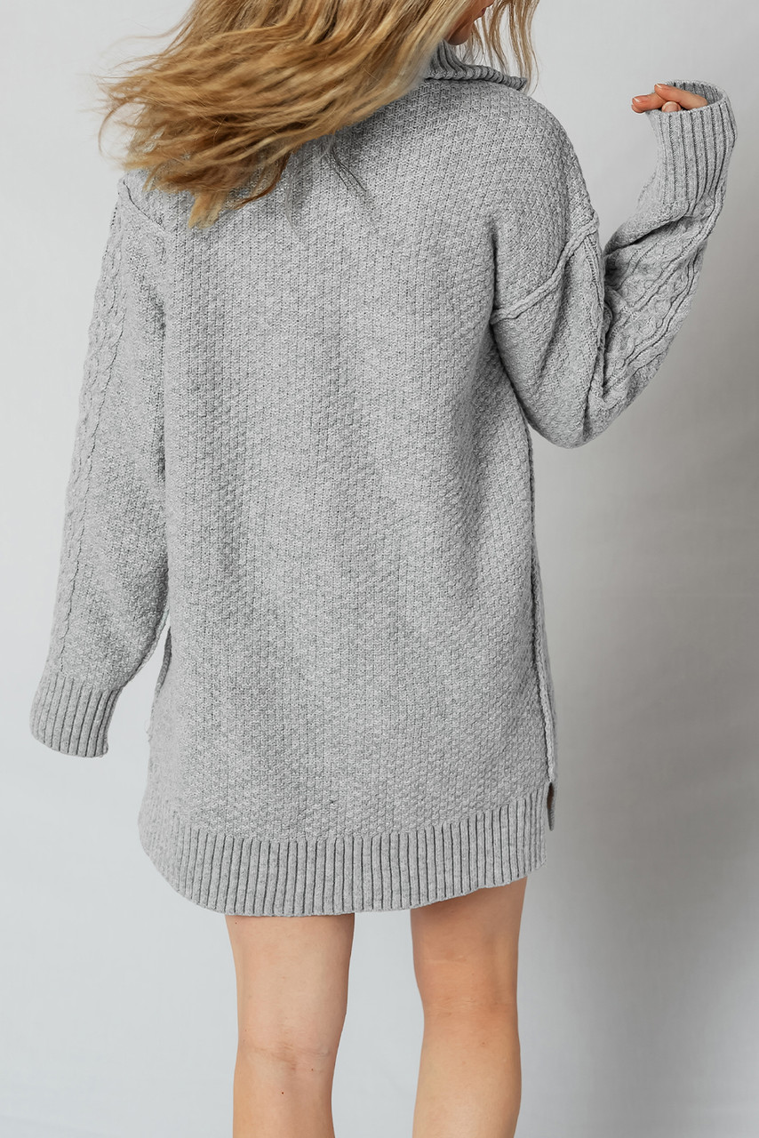 High Cable Knit Quarter Zip Ribbed Trim Loose Sweater Dress High Cable Knit Quarter Zip Ribbed Trim Loose Sweater Dress