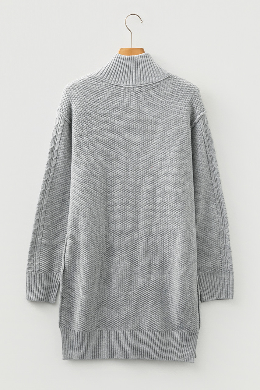 High Cable Knit Quarter Zip Ribbed Trim Loose Sweater Dress High Cable Knit Quarter Zip Ribbed Trim Loose Sweater Dress