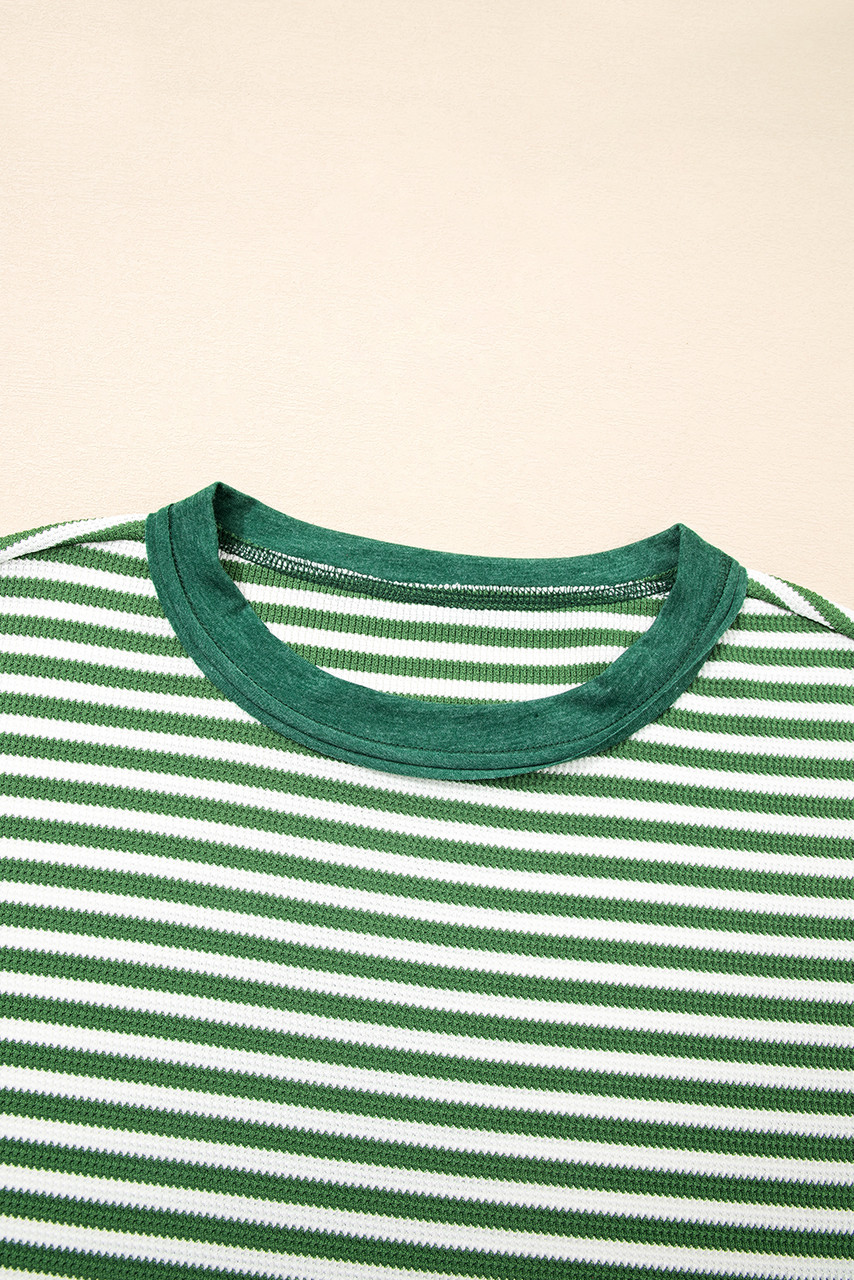 Green Stripe Exposed Seam Patchwork Plus Size Thermal Top