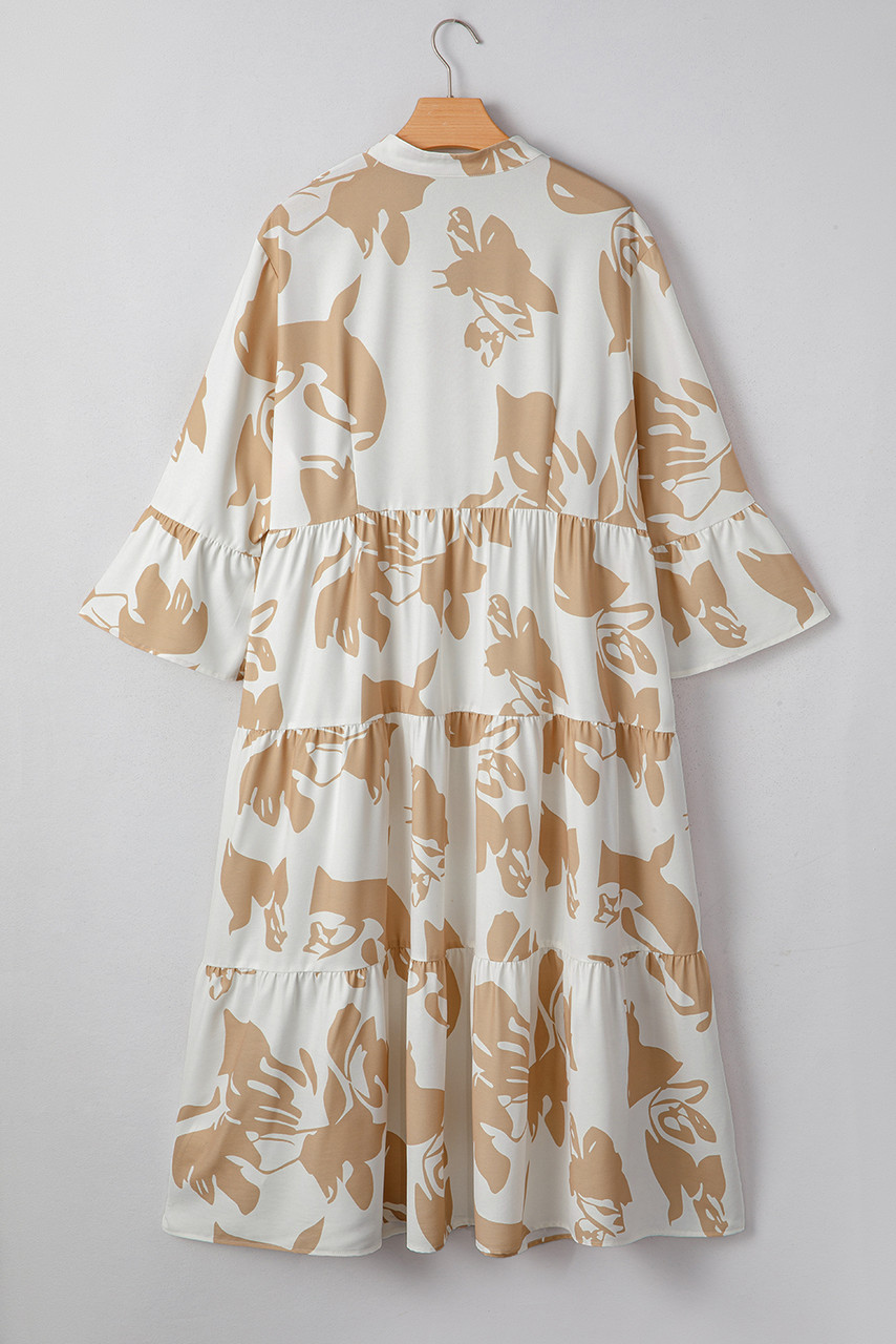 Khaki Patterned Ruffled Sleeve Half Placket Tiered A-line Plus Size Long Dress Khaki Patterned Ruffled Sleeve Half Placket Tiered A-line Plus Size Long Dress