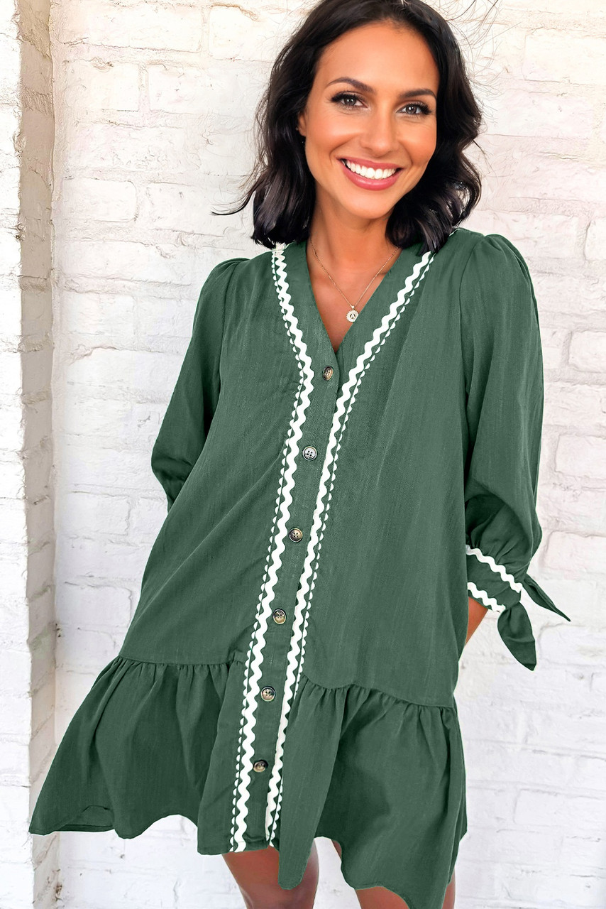Canton Contrast Ricrac Trim Button V Neck Knotted Bracelet Sleeve Shift Dress Canton Contrast Ricrac Trim Button V Neck Knotted Bracelet Sleeve Shift Dress