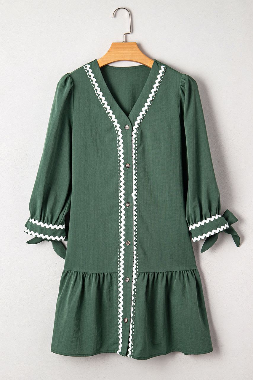 Canton Contrast Ricrac Trim Button V Neck Knotted Bracelet Sleeve Shift Dress Canton Contrast Ricrac Trim Button V Neck Knotted Bracelet Sleeve Shift Dress
