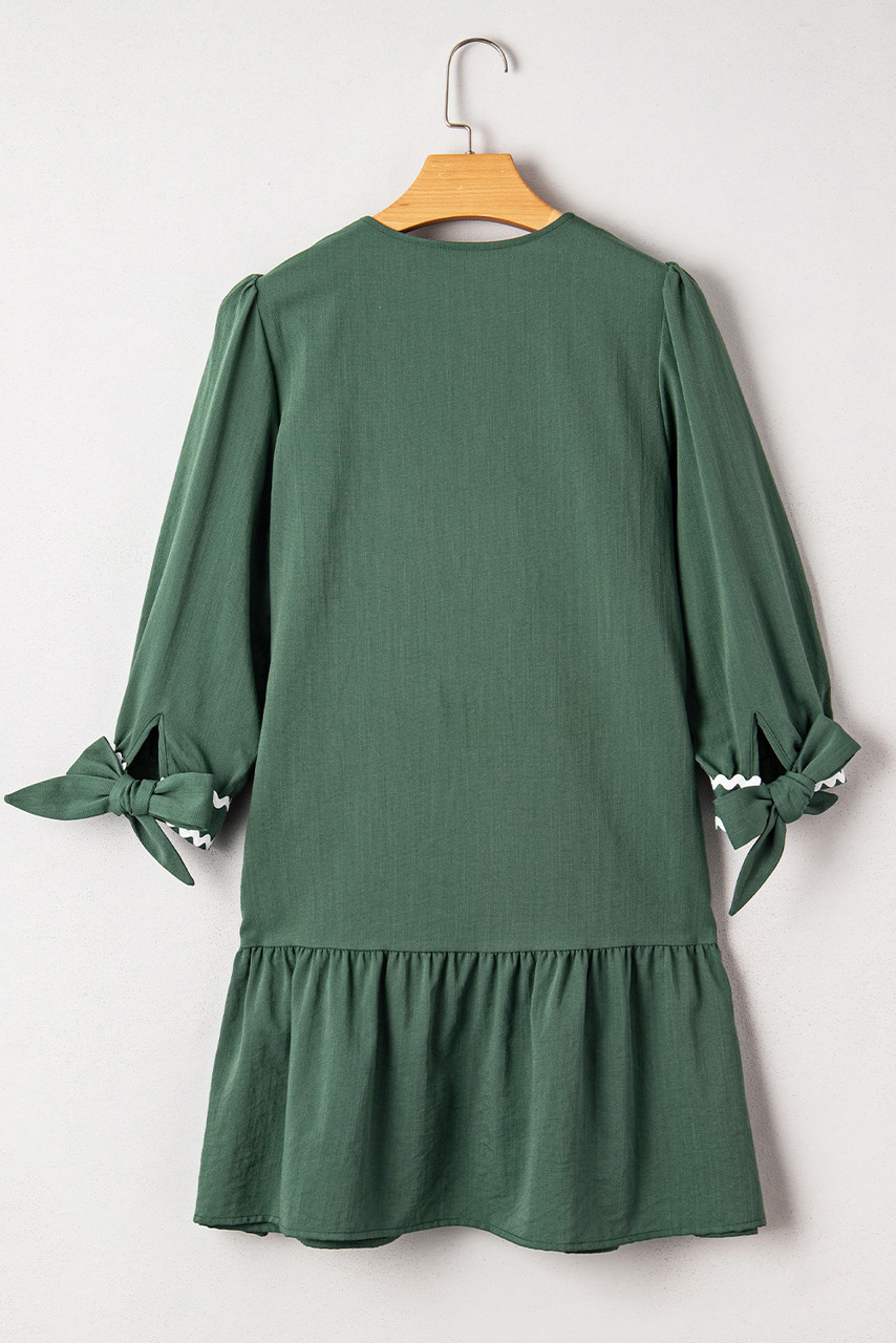 Canton Contrast Ricrac Trim Button V Neck Knotted Bracelet Sleeve Shift Dress Canton Contrast Ricrac Trim Button V Neck Knotted Bracelet Sleeve Shift Dress