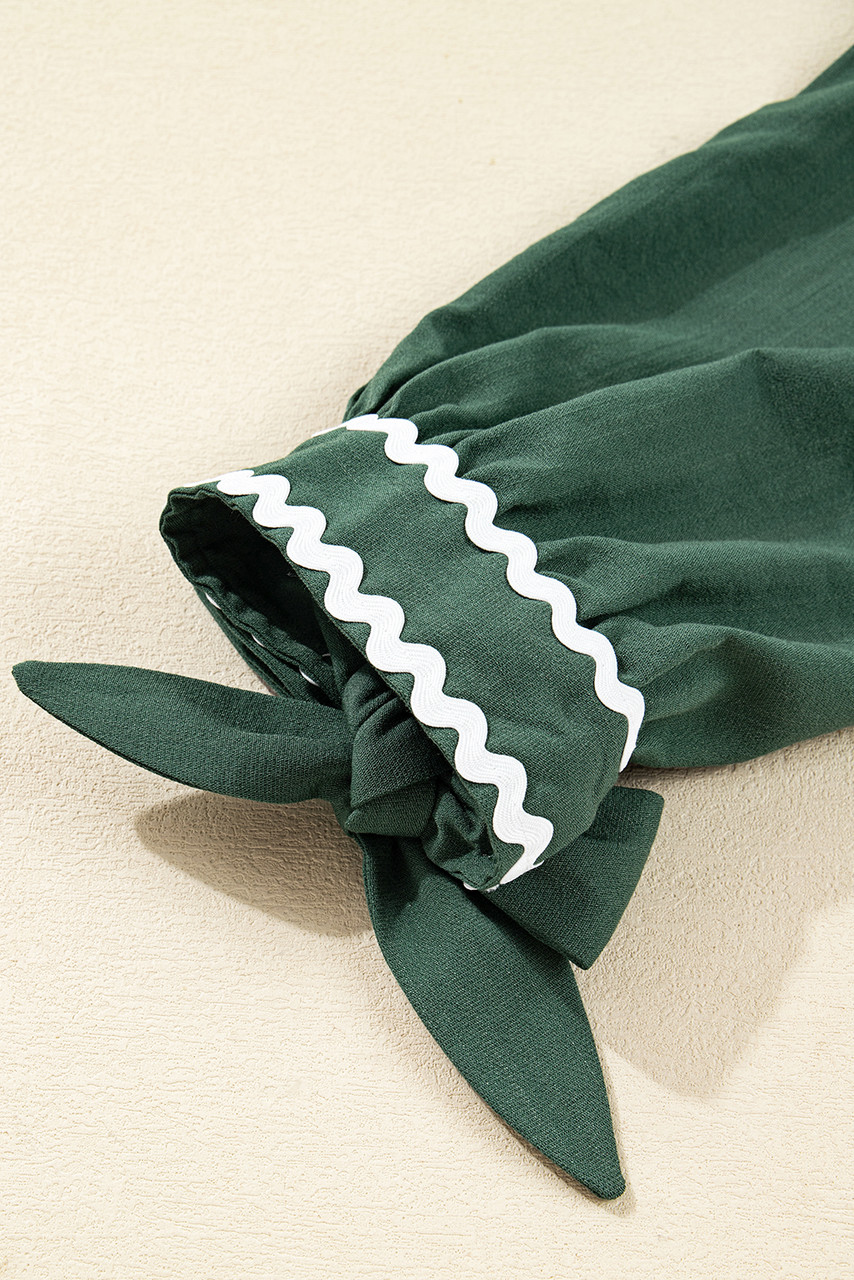 Canton Contrast Ricrac Trim Button V Neck Knotted Bracelet Sleeve Shift Dress Canton Contrast Ricrac Trim Button V Neck Knotted Bracelet Sleeve Shift Dress