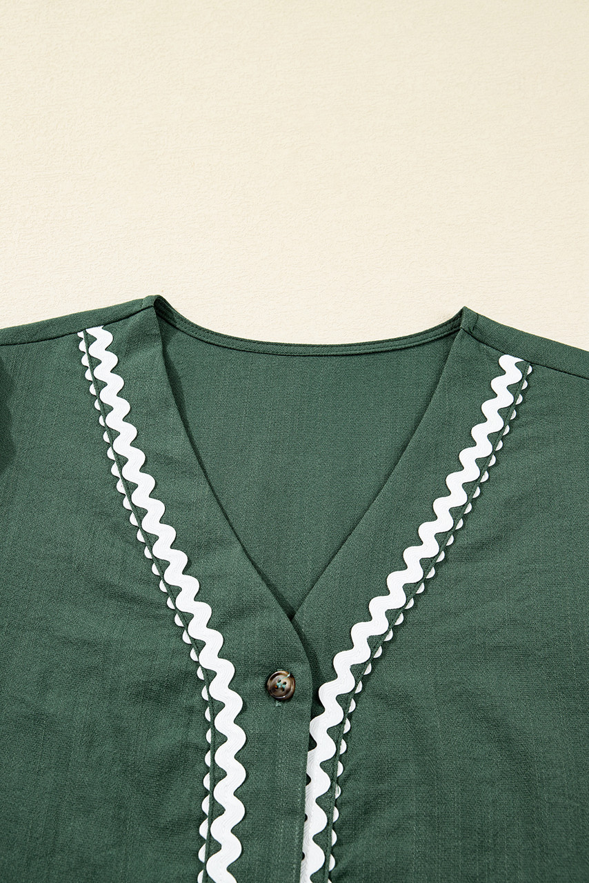 Canton Contrast Ricrac Trim Button V Neck Knotted Bracelet Sleeve Shift Dress Canton Contrast Ricrac Trim Button V Neck Knotted Bracelet Sleeve Shift Dress