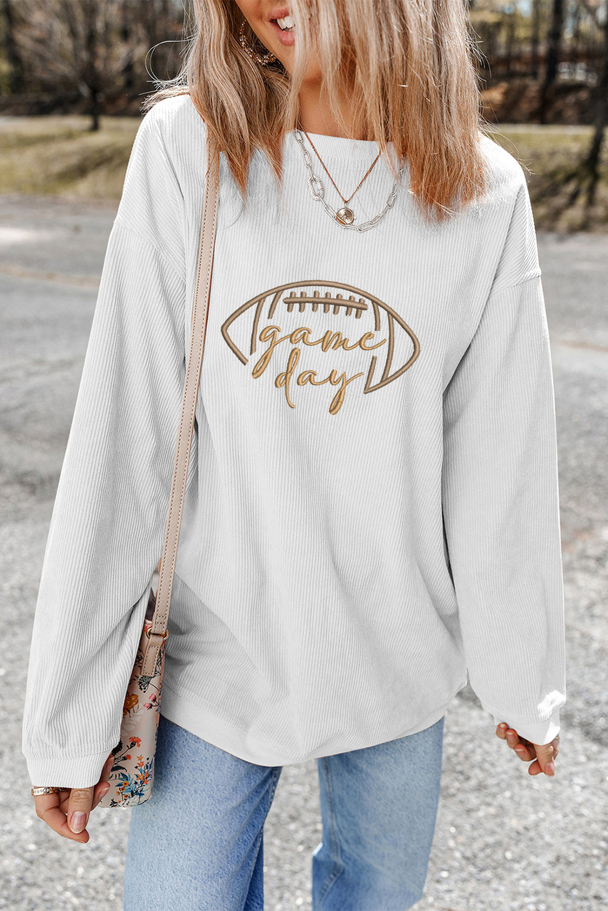 White Rugby Game Day Embroidered Corduroy Sweatshirt