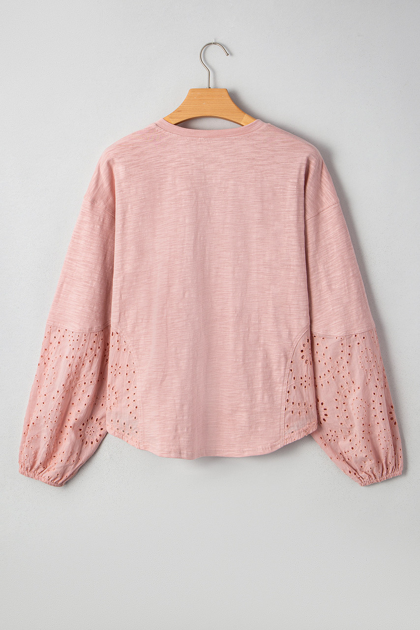 Light Pink Keyhole Notch V Neck Batwing Sleeve Blouse