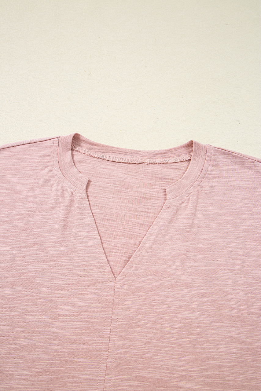 Light Pink Keyhole Notch V Neck Batwing Sleeve Blouse