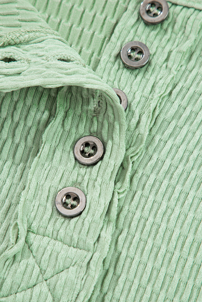 Meadow Mist Green Textured Knit Drop Shoulder Color Block Detail Long Sleeve Henley Top