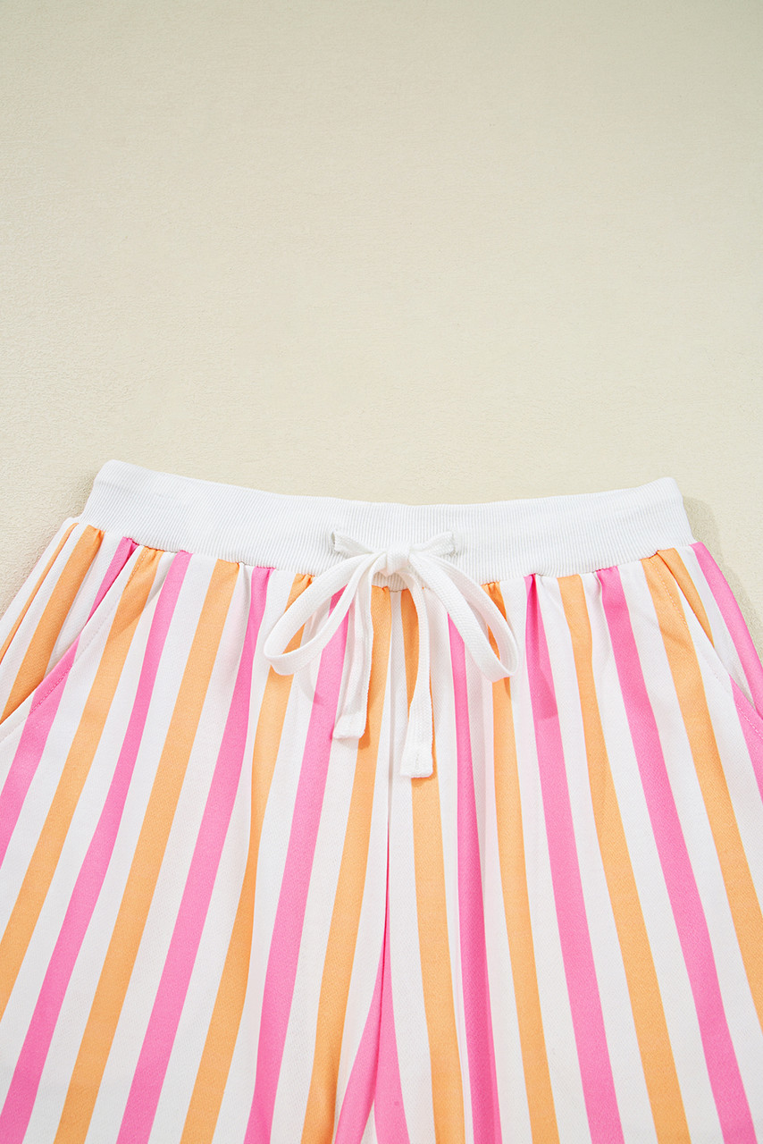 Pink Stripe Drop Shoulder Half Sleeve Loose Tee and Shorts Casual Set