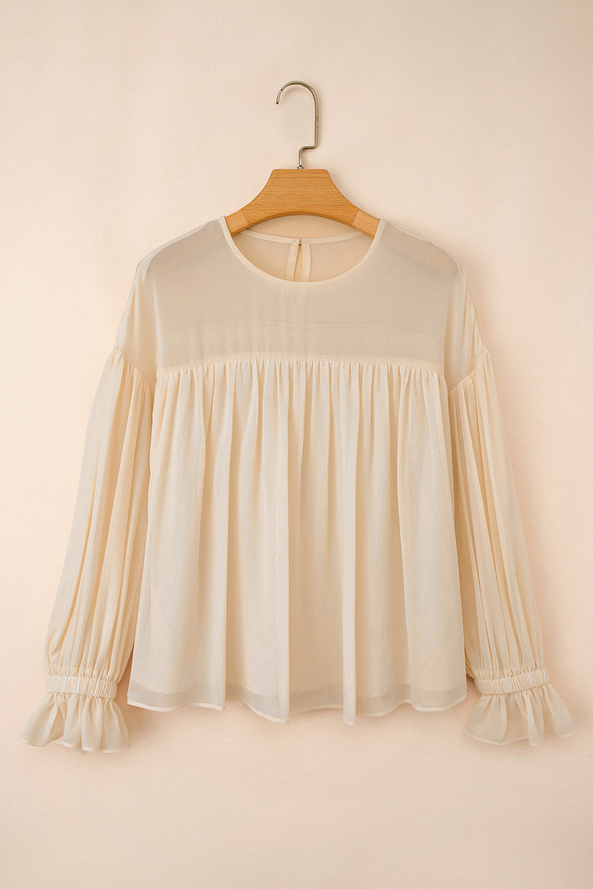 Parchment Pleated Ruffle Long Sleeve Chiffon Blouse