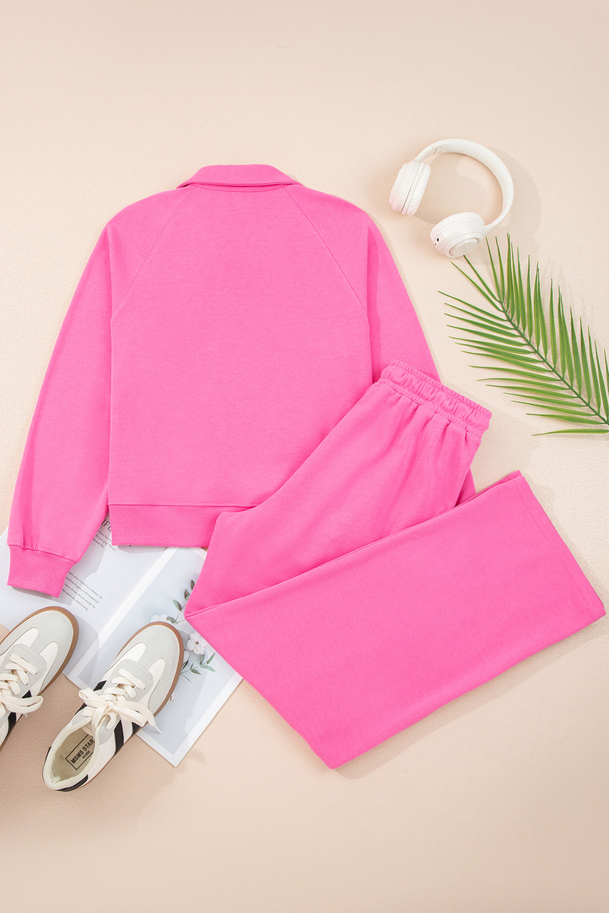 Sachet Pink Solid Color Collared Pullover and Central Seam Pants Set