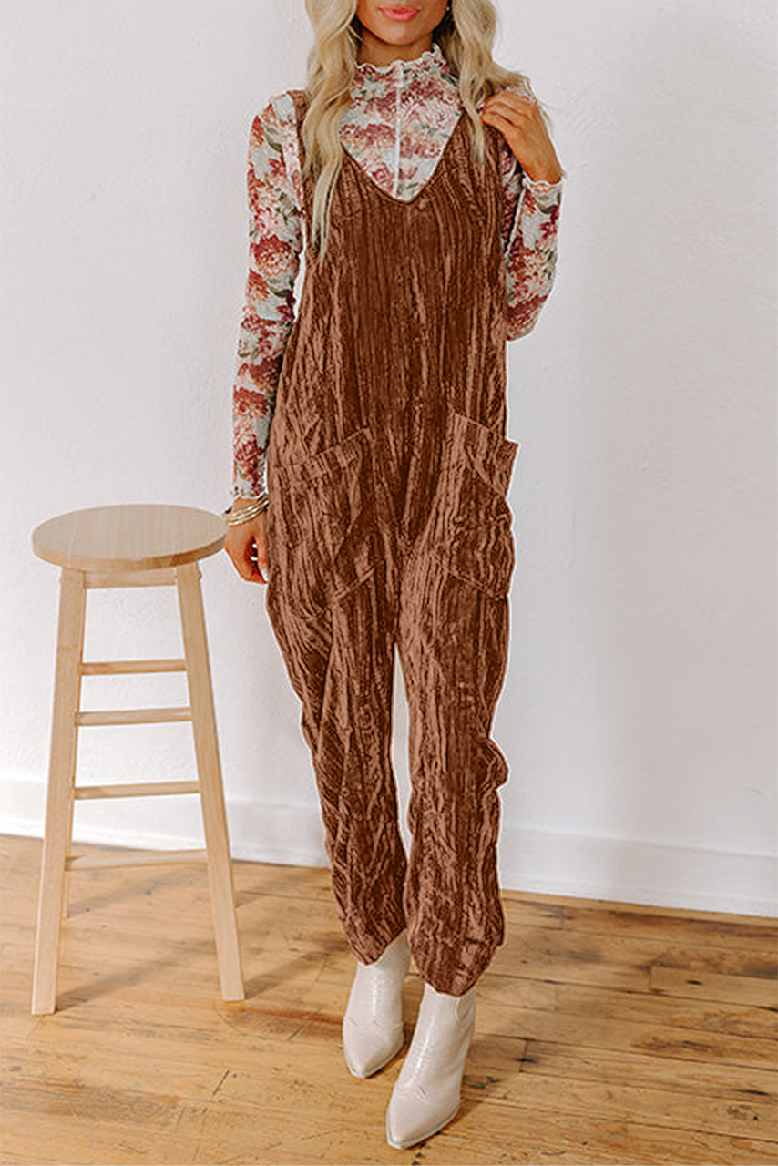 Chicory Coffee Velvet Adjustable Straps Patched Pocket Sleeveless Jumpsuit Chicory Coffee Velvet Adjustable Straps Patched Pocket Sleeveless Jumpsuit