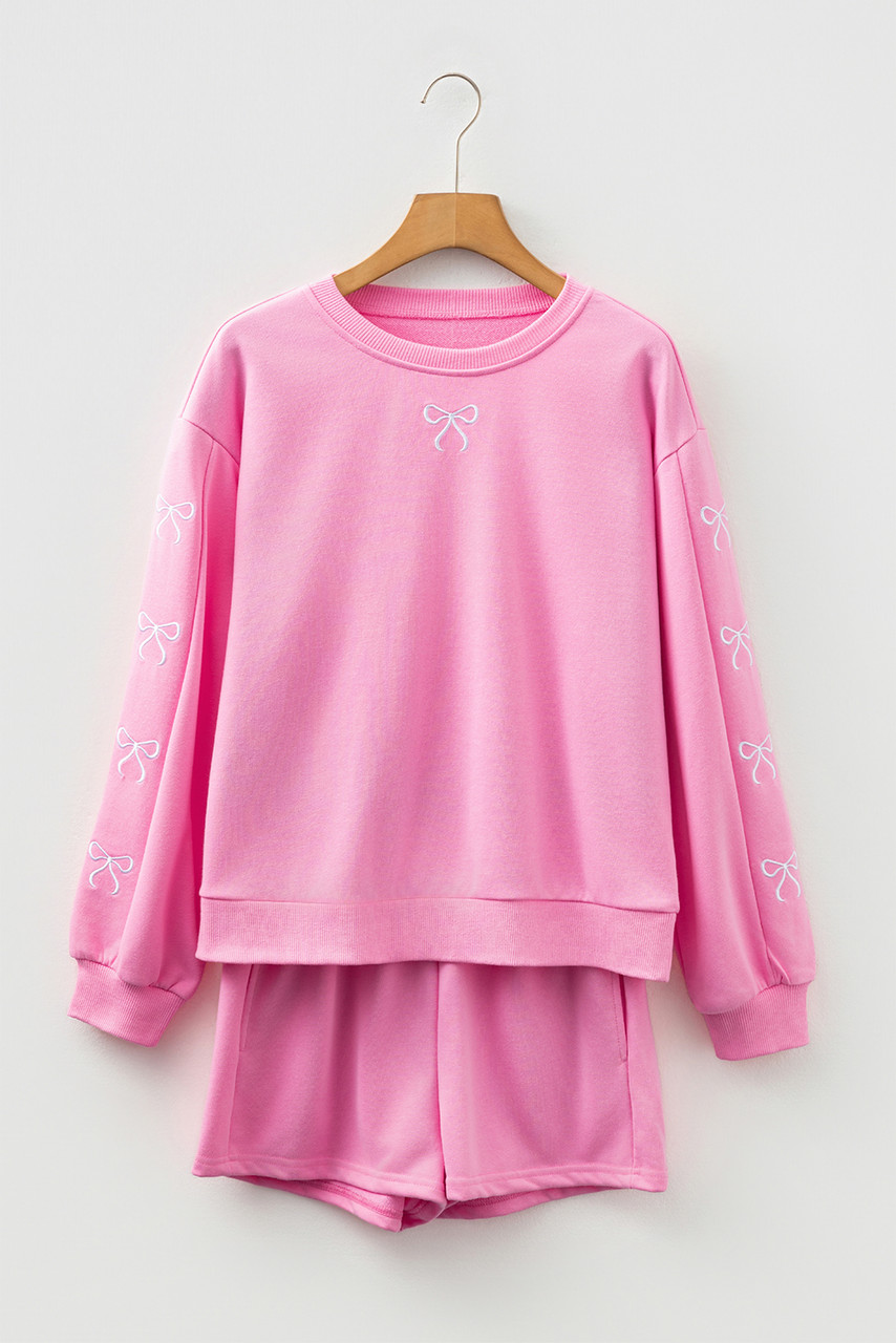 Sachet Pink Girly Bow Embroidered Detail Puff Sleeve Pullover 2pcs Short Set