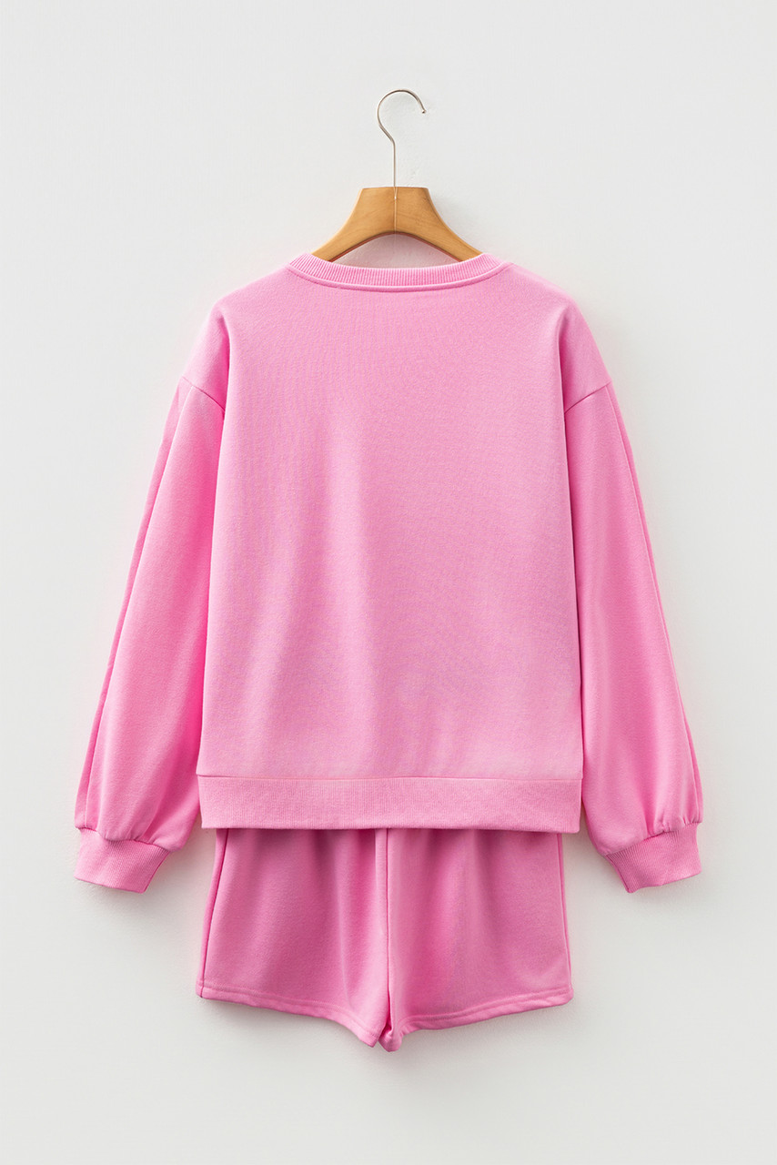 Sachet Pink Girly Bow Embroidered Detail Puff Sleeve Pullover 2pcs Short Set