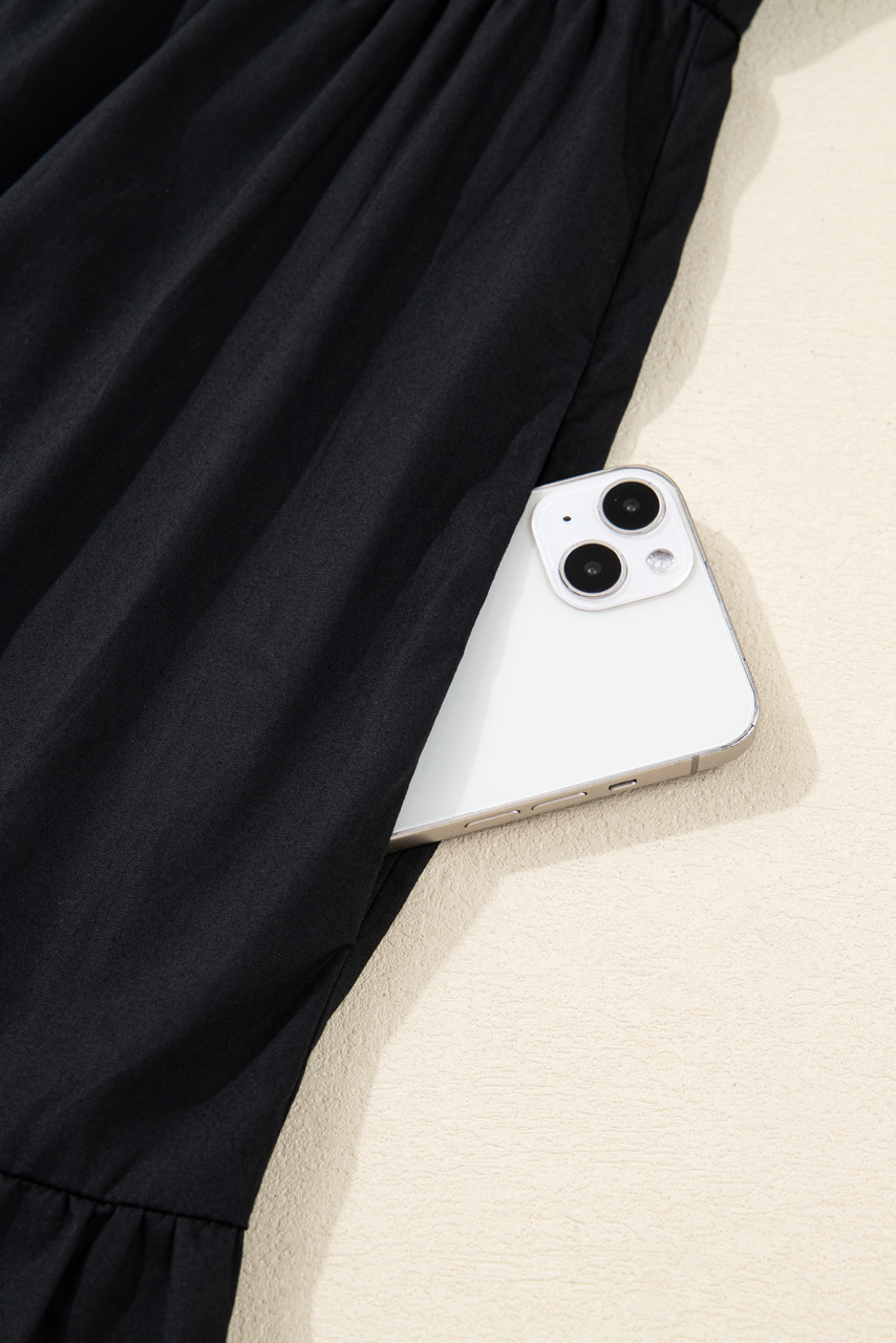 Black Contrast Trim Knot Cuffs Plus Size V Neck Mini Dress Black Contrast Trim Knot Cuffs Plus Size V Neck Mini Dress