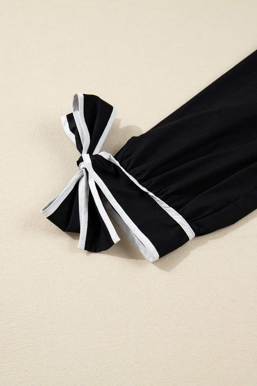 Black Contrast Trim Knot Cuffs Plus Size V Neck Mini Dress Black Contrast Trim Knot Cuffs Plus Size V Neck Mini Dress