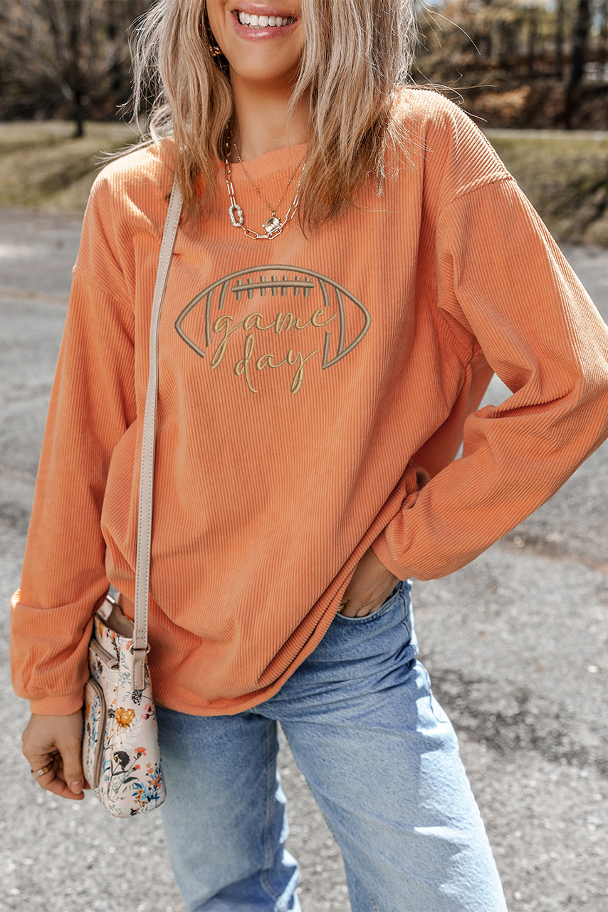 Orange Rugby Game Day Embroidered Corduroy Sweatshirt