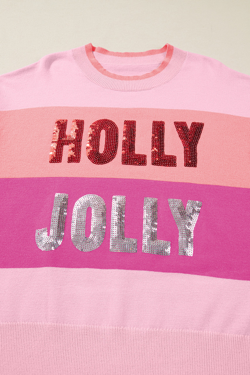 Pink Sequined HOLLY JOLLY Color Block Crew Neck Sweater