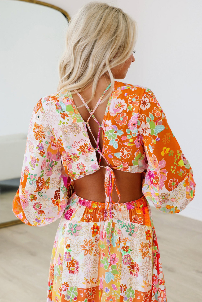 Orange Floral Patchwork Print Cut out Tied Back Bracelet Sleeve Maxi Dress Orange Floral Patchwork Print Cut out Tied Back Bracelet Sleeve Maxi Dress