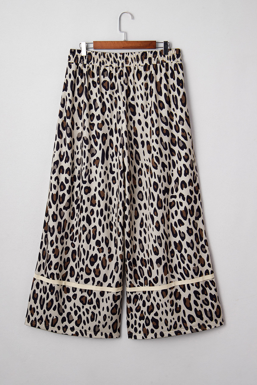 Khaki Exposed Seam Patched Pocket Plus Size Drawstring Leopard Wide Leg Pants Khaki Exposed Seam Patched Pocket Plus Size Drawstring Leopard Wide Leg Pants