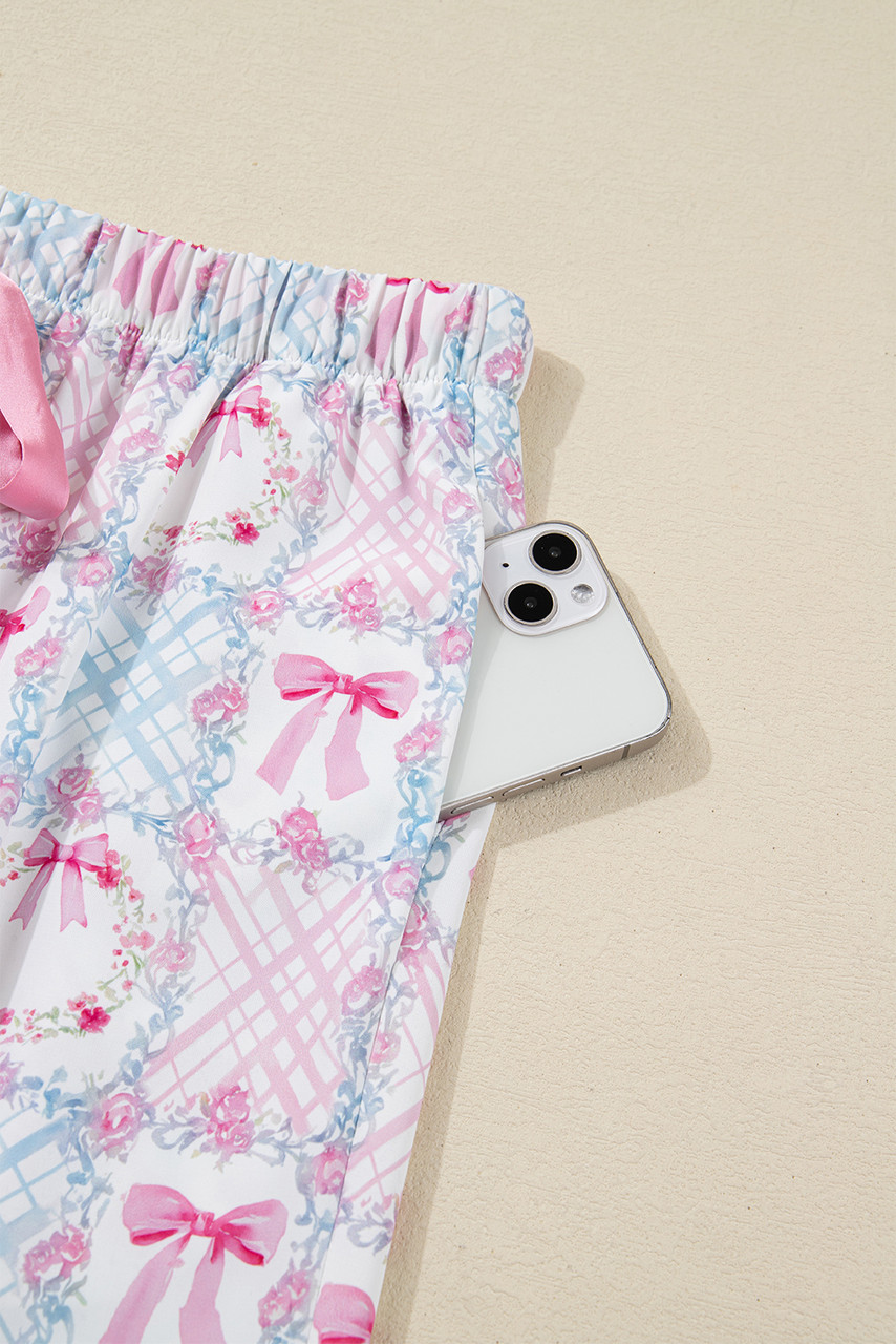 Pink Bow Wreath Pattern Christmas Holiday Tied Front Long Sleeve 2pcs Pajama Set