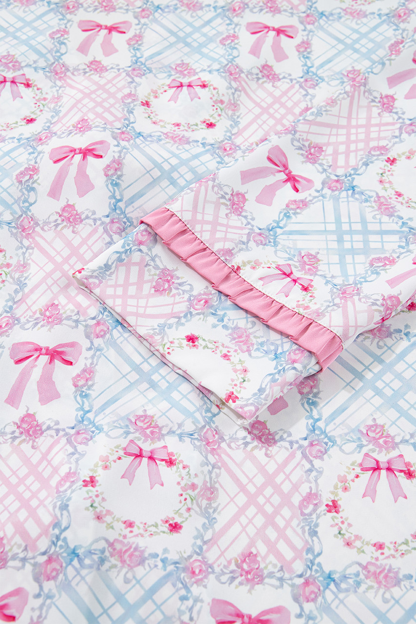 Pink Bow Wreath Pattern Christmas Holiday Tied Front Long Sleeve 2pcs Pajama Set