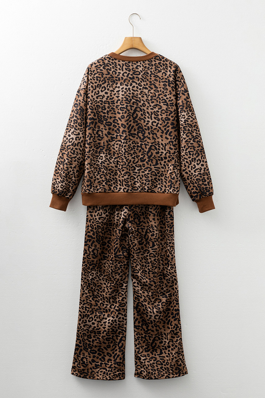Coffee Leopard Print Contrast Trim Long Sleeve Top and Pants Set