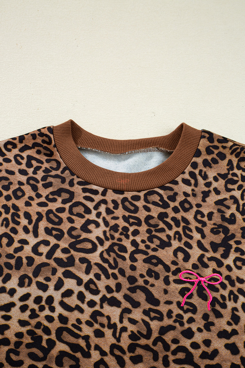 Coffee Leopard Print Contrast Trim Long Sleeve Top and Pants Set