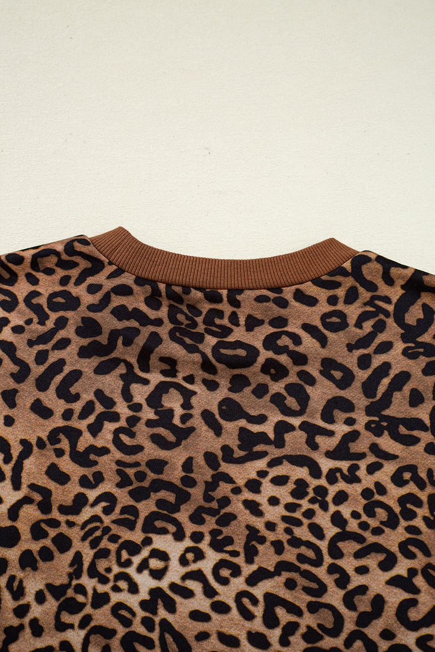 Coffee Leopard Print Contrast Trim Long Sleeve Top and Pants Set