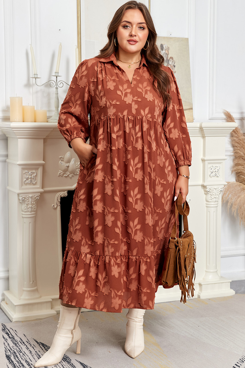 Cinnamon Plus Size Textured 3D Flower Pattern Ruffle Hem 3/4 Sleeve Long Dress Cinnamon Plus Size Textured 3D Flower Pattern Ruffle Hem 3/4 Sleeve Long Dress