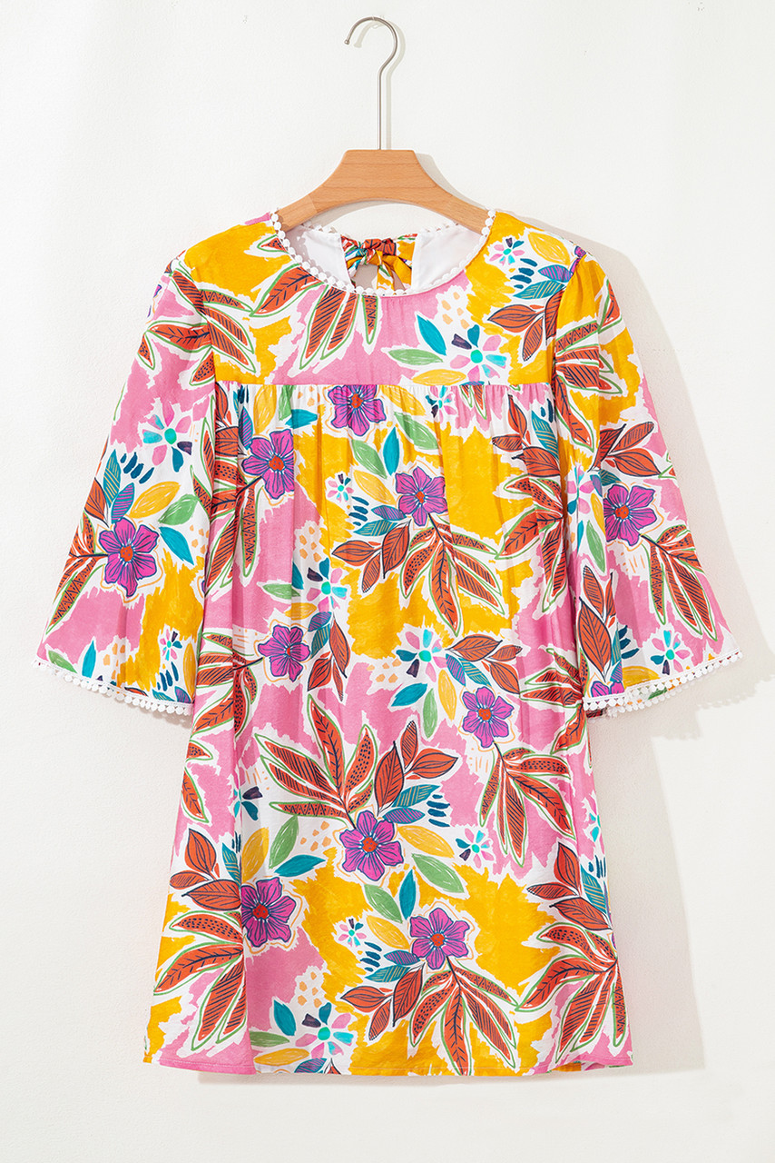 Pink Floral Print Lace Trimmed Tie Back Bell Sleeve Swing Mini Dress Pink Floral Print Lace Trimmed Tie Back Bell Sleeve Swing Mini Dress