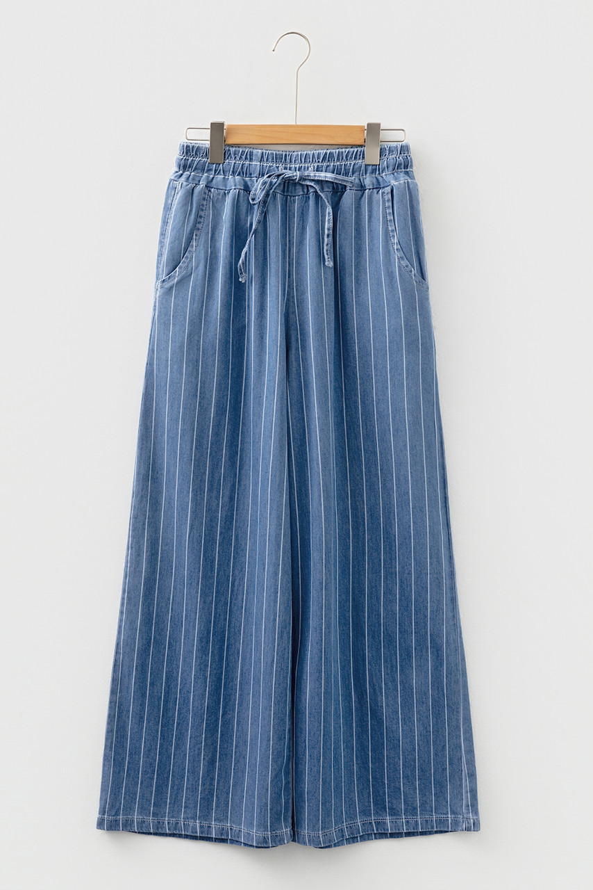 Blue Stripe Chambray Wide Leg Tied Elastic Waist Trousers Blue Stripe Chambray Wide Leg Tied Elastic Waist Trousers