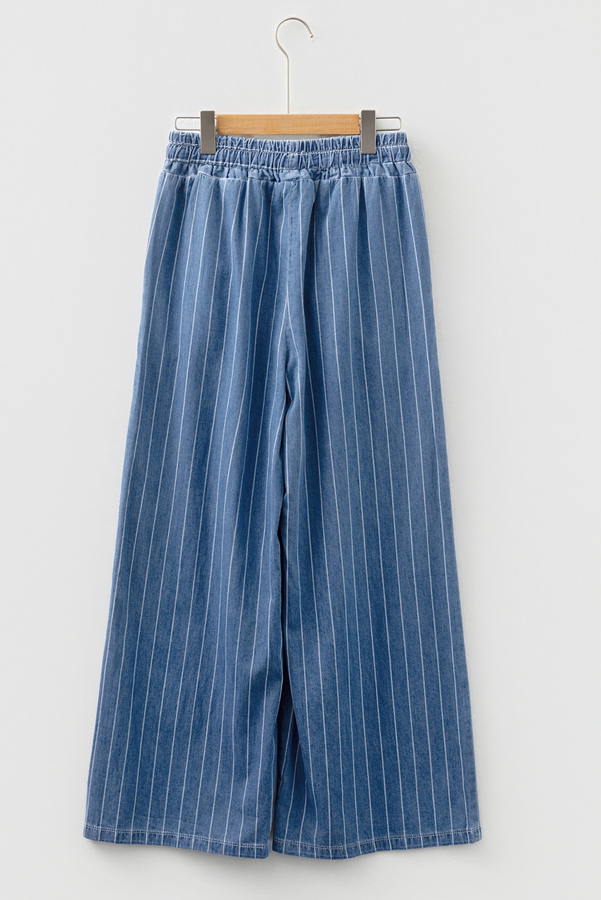 Blue Stripe Chambray Wide Leg Tied Elastic Waist Trousers Blue Stripe Chambray Wide Leg Tied Elastic Waist Trousers