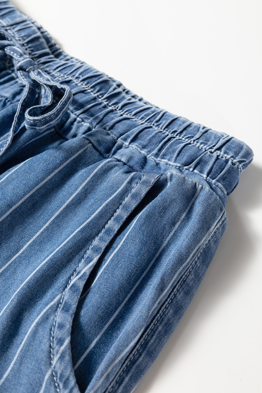 Blue Stripe Chambray Wide Leg Tied Elastic Waist Trousers Blue Stripe Chambray Wide Leg Tied Elastic Waist Trousers