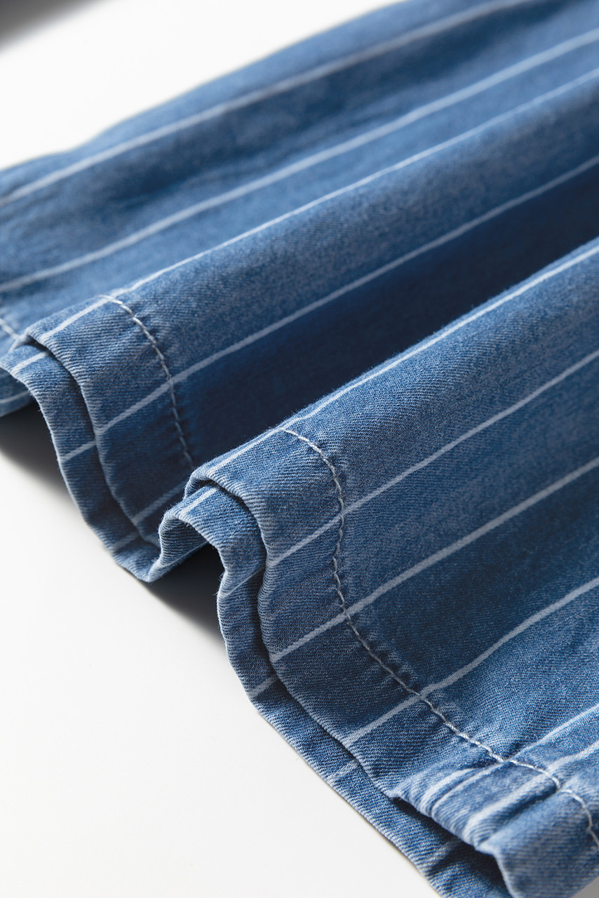 Blue Stripe Chambray Wide Leg Tied Elastic Waist Trousers Blue Stripe Chambray Wide Leg Tied Elastic Waist Trousers