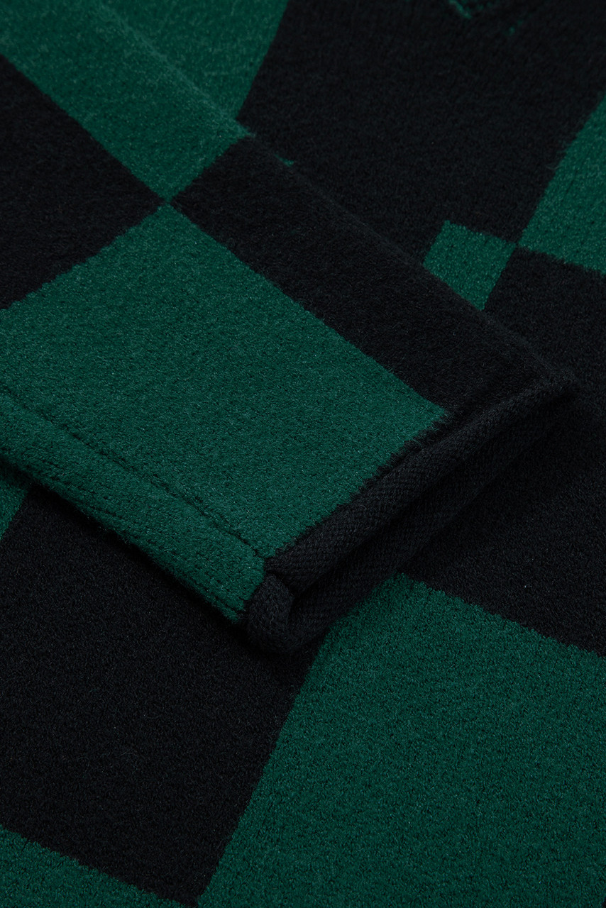 Green Checked Notched Neckline Drop Shoulder Knit Sweater