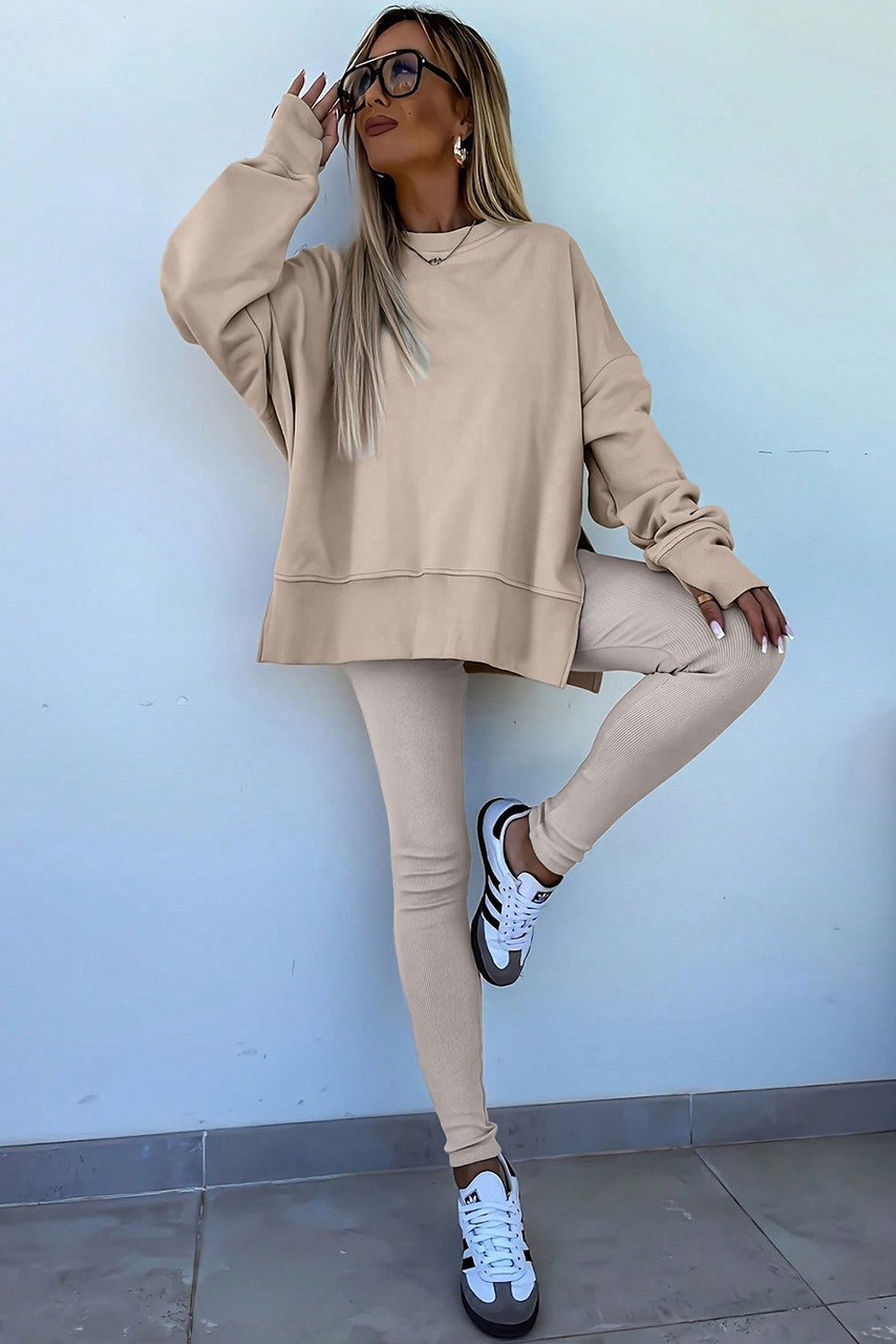 Jet Stream Solid Color Oversize Slit Sweatshirt Ribbed Leggings 2pcs Set