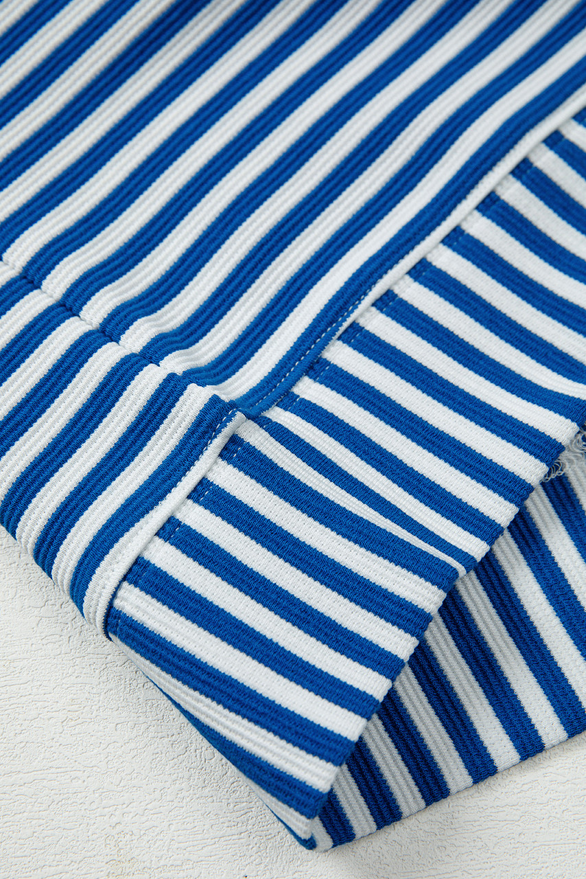 Blue Stripe Quarter Zip Collar Pullover Long Sleeve Top