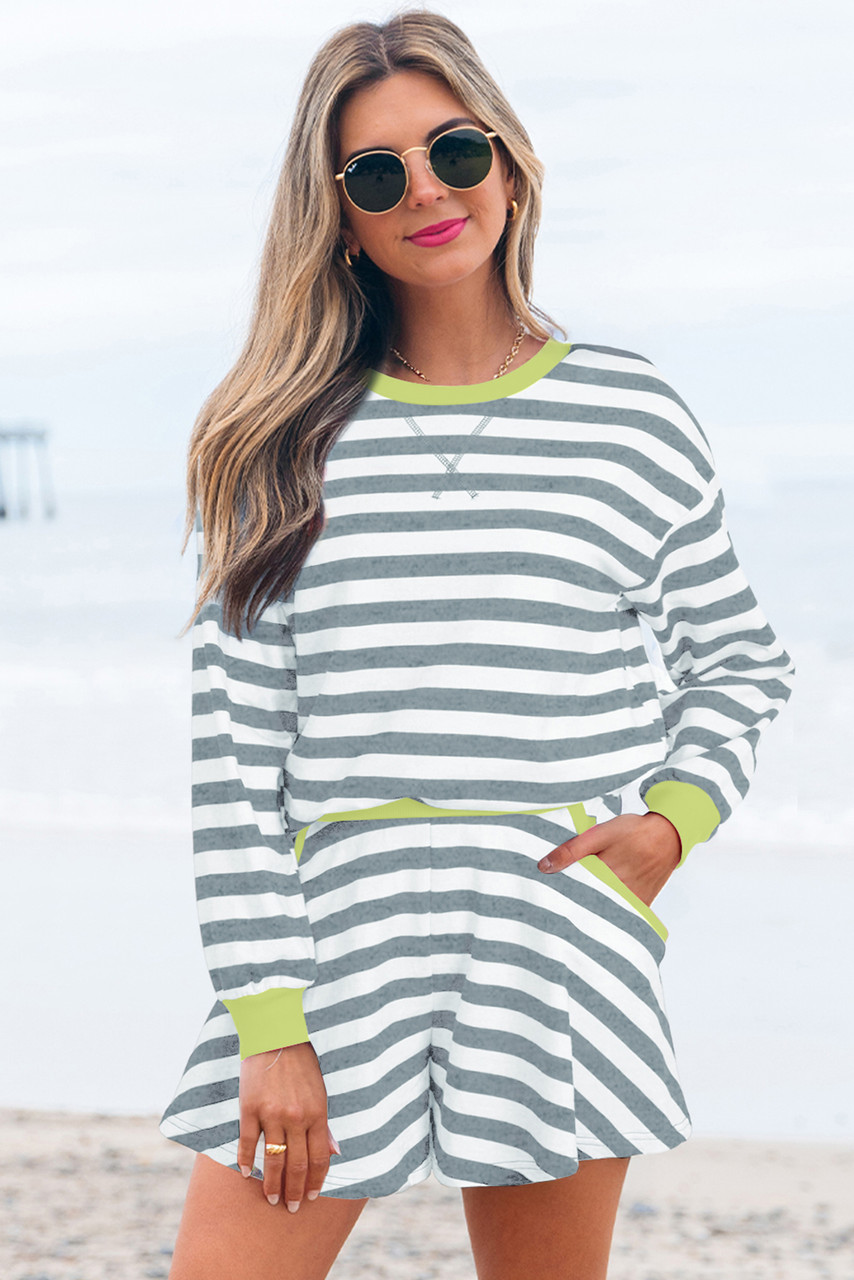 Gray Stripe Contrast Ribbed Banding Long Sleeve Blouse Loose Shorts Set Gray Stripe Contrast Ribbed Banding Long Sleeve Blouse Loose Shorts Set