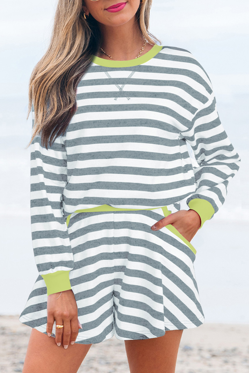 Gray Stripe Contrast Ribbed Banding Long Sleeve Blouse Loose Shorts Set Gray Stripe Contrast Ribbed Banding Long Sleeve Blouse Loose Shorts Set