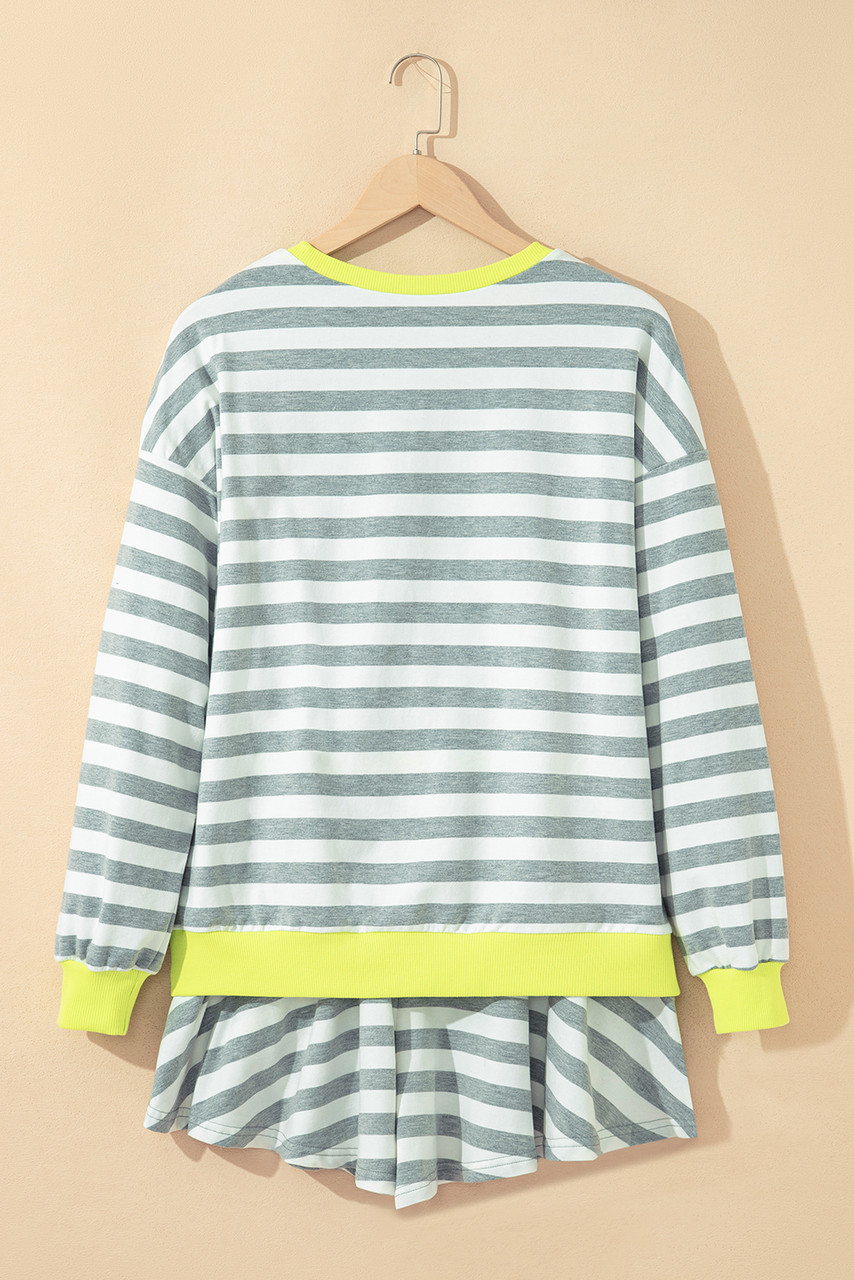 Gray Stripe Contrast Ribbed Banding Long Sleeve Blouse Loose Shorts Set Gray Stripe Contrast Ribbed Banding Long Sleeve Blouse Loose Shorts Set