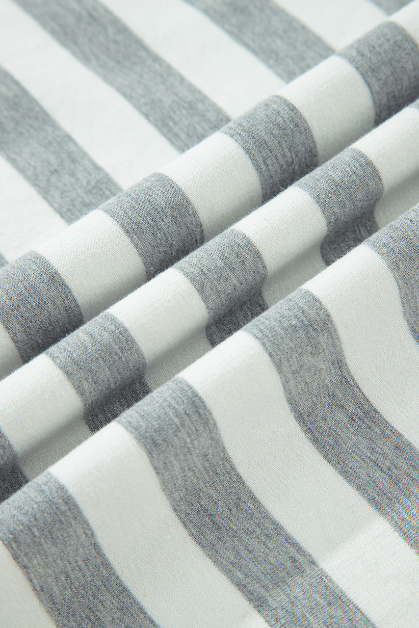 Gray Stripe Contrast Ribbed Banding Long Sleeve Blouse Loose Shorts Set Gray Stripe Contrast Ribbed Banding Long Sleeve Blouse Loose Shorts Set
