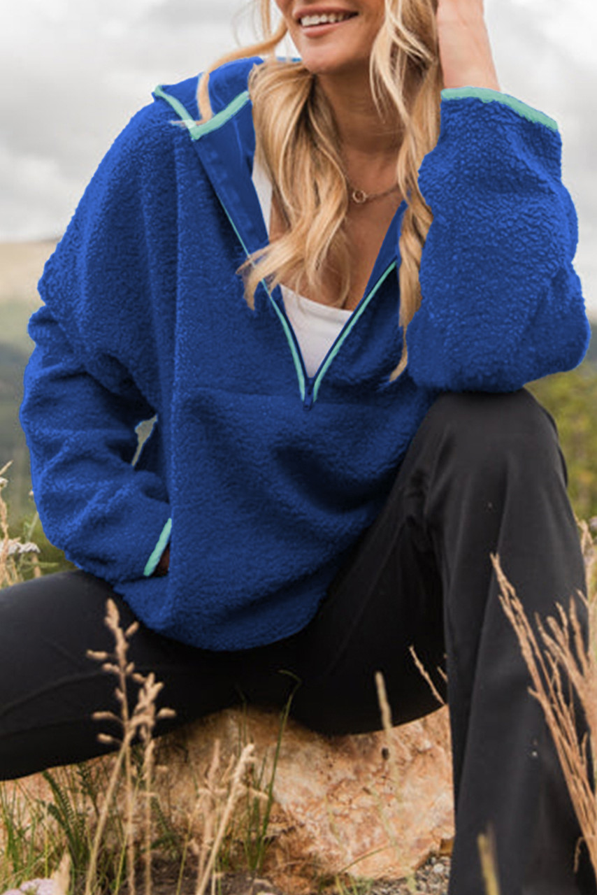 Sky Blue Sherpa Half Zip Contrast Trim Pullover Hoodie